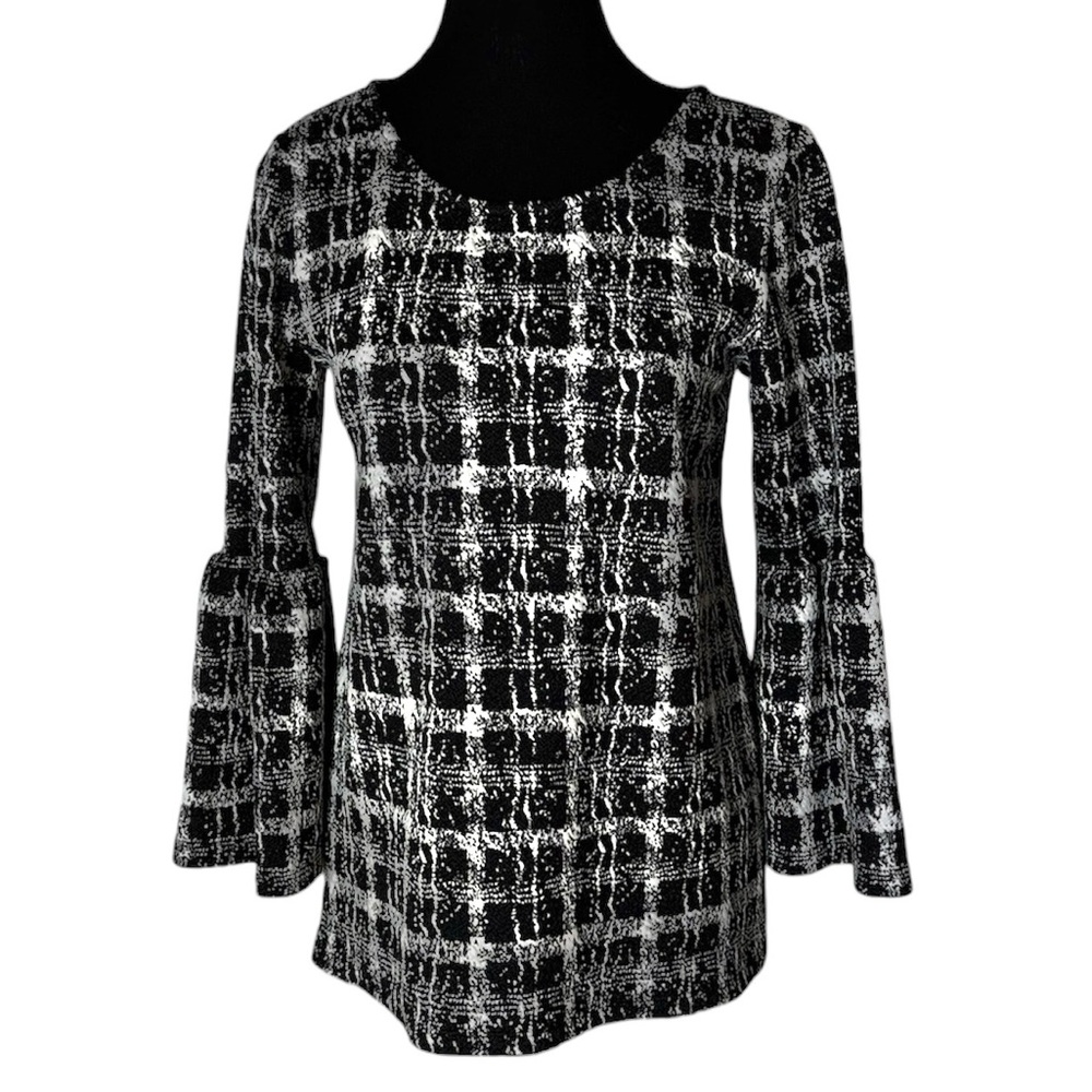 CALVIN KLEIN Black White Bell Sleeve Textured Tweed Knit Top Sweater XS Small